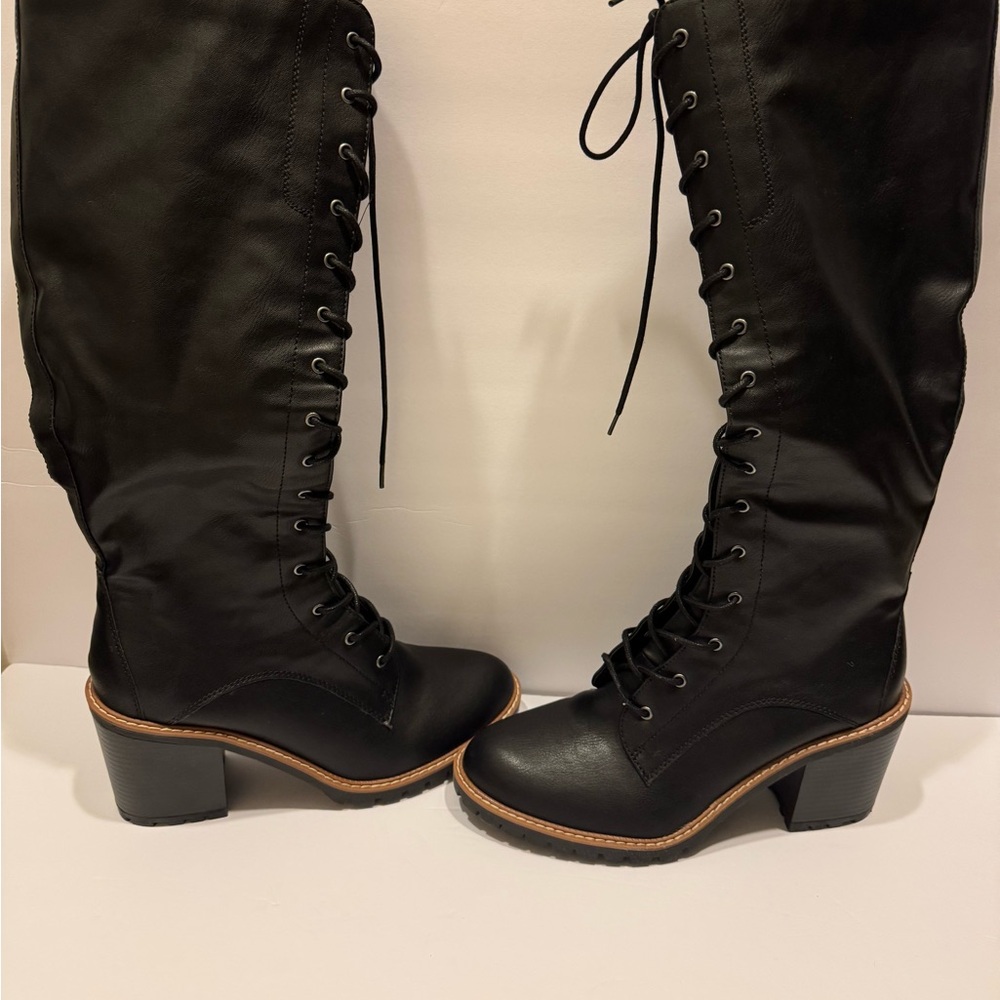 Black Lace-Up Knee-High Boots